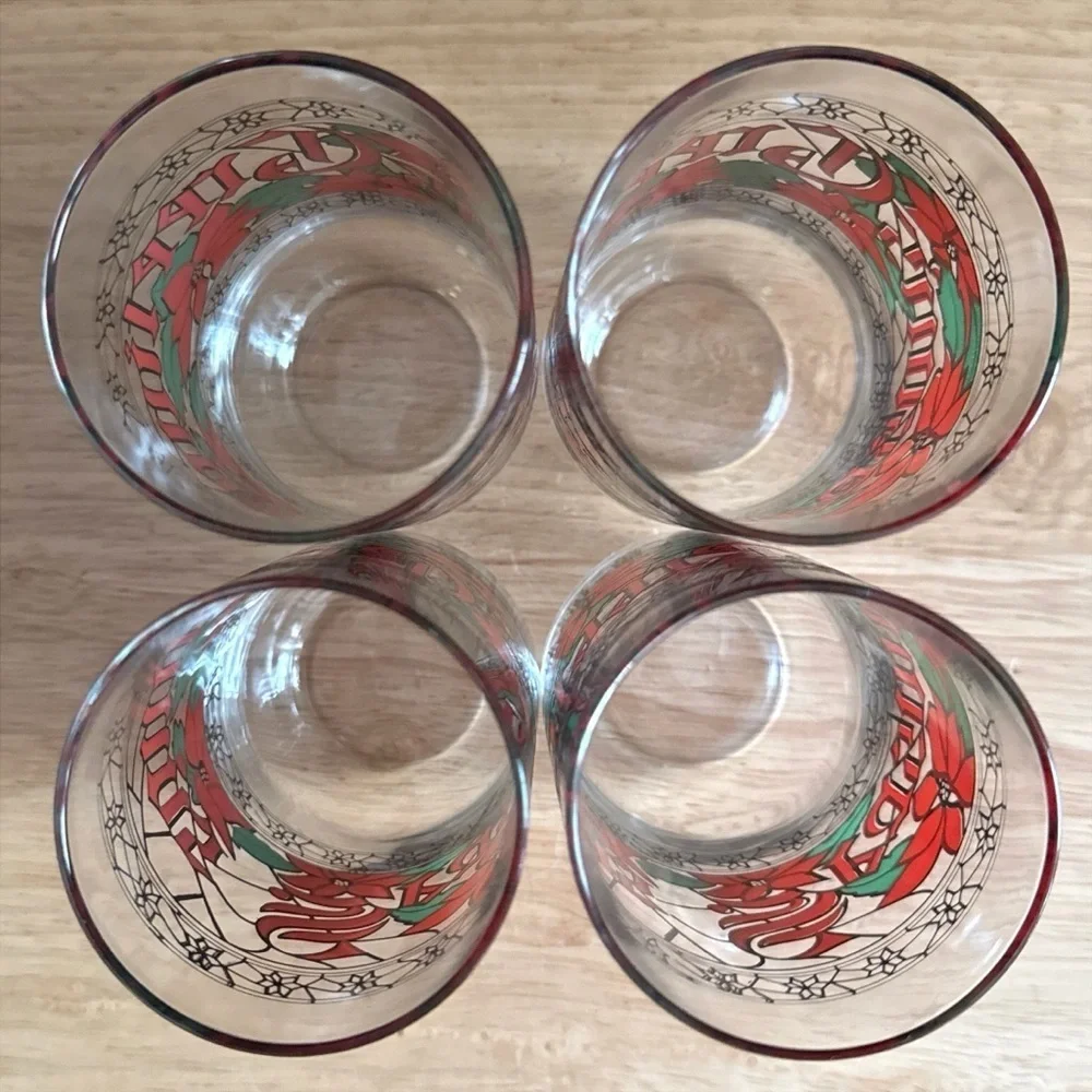 Vintage Houze Glass Season's Greetings Poinsettia Stained Glass 16oz Tumblers 4